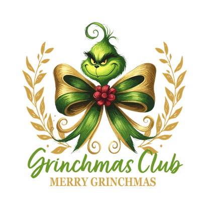 Celebrate the holiday spirit with this vibrant Grinchmas Club logo featuring the iconic Grinch and festive ribbon design. dtf transfers