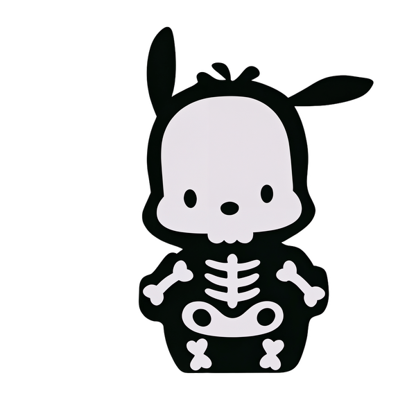 Cute skeleton cartoon character with a playful design, featuring a black body and white skull details, perfect for Halloween.DTF Transfers heat press transfers