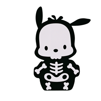 Cute skeleton cartoon character with a playful design, featuring a black body and white skull details, perfect for Halloween.DTF Transfers heat press transfers