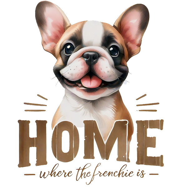 Ilustración caprichosa que presenta un alegre bulldog francés con la frase "Hogar donde está el Frenchie", perfecta para los amantes de las mascotas.