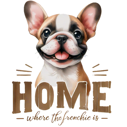 Ilustración caprichosa que presenta un alegre bulldog francés con la frase "Hogar donde está el Frenchie", perfecta para los amantes de las mascotas.