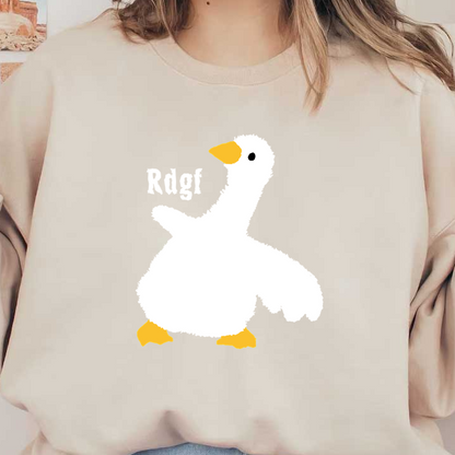 Un peculiar ganso blanco de estilo caricaturesco, con pico y patas amarillas, que muestra de forma divertida el texto "Rdgf".