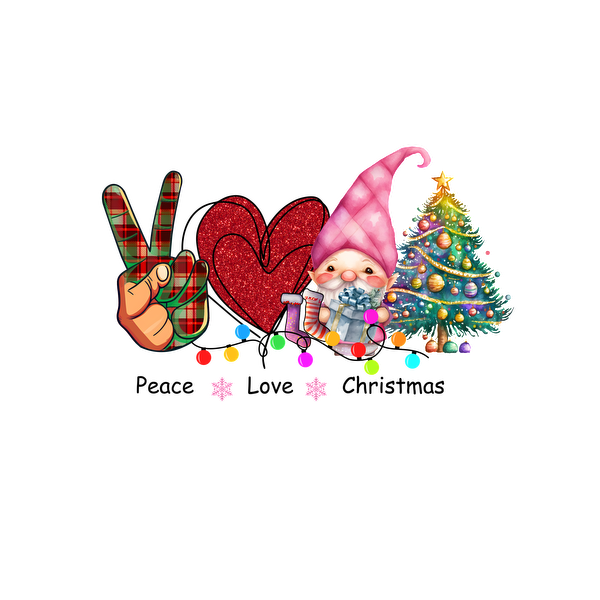 A festive illustration featuring a gnome, a Christmas tree, a heart, and a peace sign, all in vibrant colors.dtf regular iron