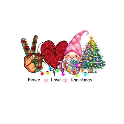 A festive illustration featuring a gnome, a Christmas tree, a heart, and a peace sign, all in vibrant colors.dtf regular iron