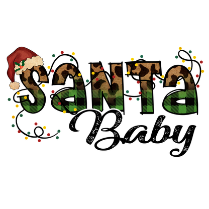 Diseño gráfico festivo "Santa" que presenta un patrón de estampado de leopardo, adornado con luces de colores y un caprichoso gorro de Papá Noel.