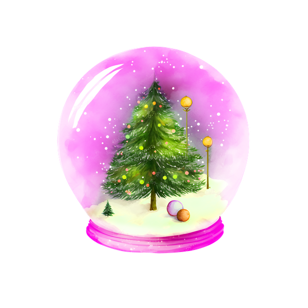 A whimsical snow globe featuring a colorful Christmas tree and festive ornaments against a soft pink background. heat press transfers