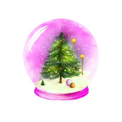 A whimsical snow globe featuring a colorful Christmas tree and festive ornaments against a soft pink background. heat press transfers