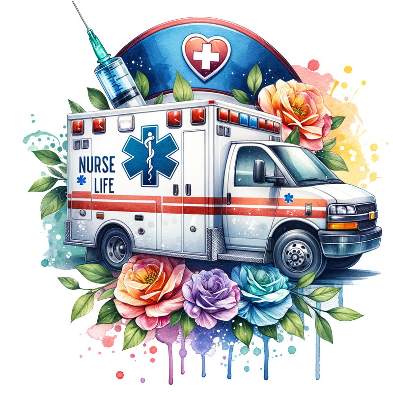 A vibrant illustration of an ambulance adorned with flowers, showcasing "Nurse Life" with a syringe and heart symbol.DTF Transfers