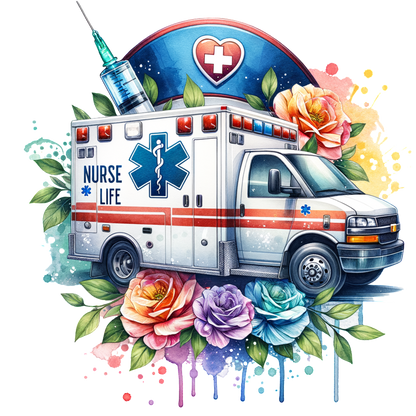 A vibrant illustration of an ambulance adorned with flowers, showcasing "Nurse Life" with a syringe and heart symbol.DTF Transfers