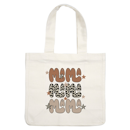 Playful "Mama" text design featuring cute animal print and stars, perfect for mom-themed apparel or decor. dtf transfers