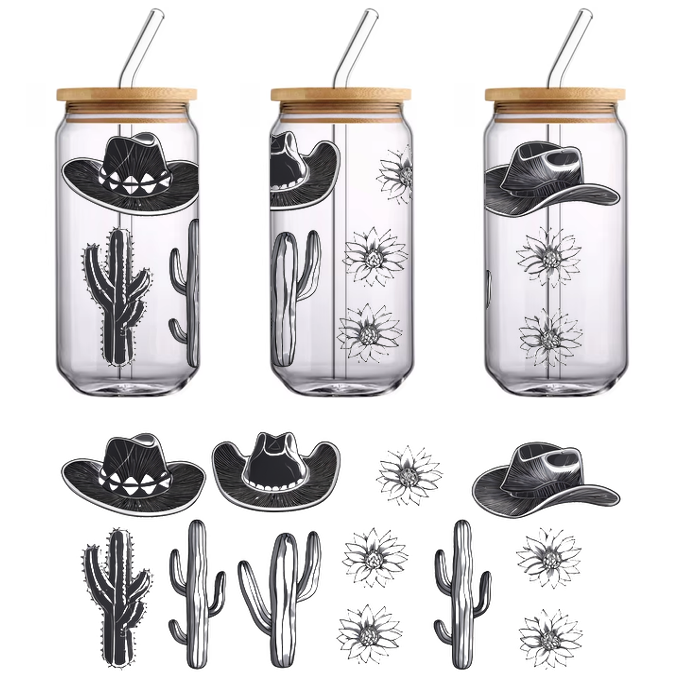 A charming collection of black and white illustrations featuring stylish cowboy hats and various cacti, perfect for western-themed designs.UV Transfers dtf transfers