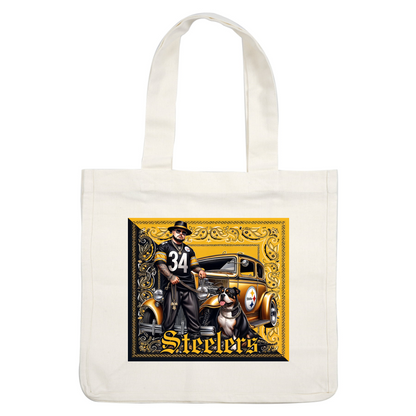 Una elegante ilustración que muestra a un hombre con una camiseta de los Steelers junto a un perro sonriente frente a un automóvil antiguo.