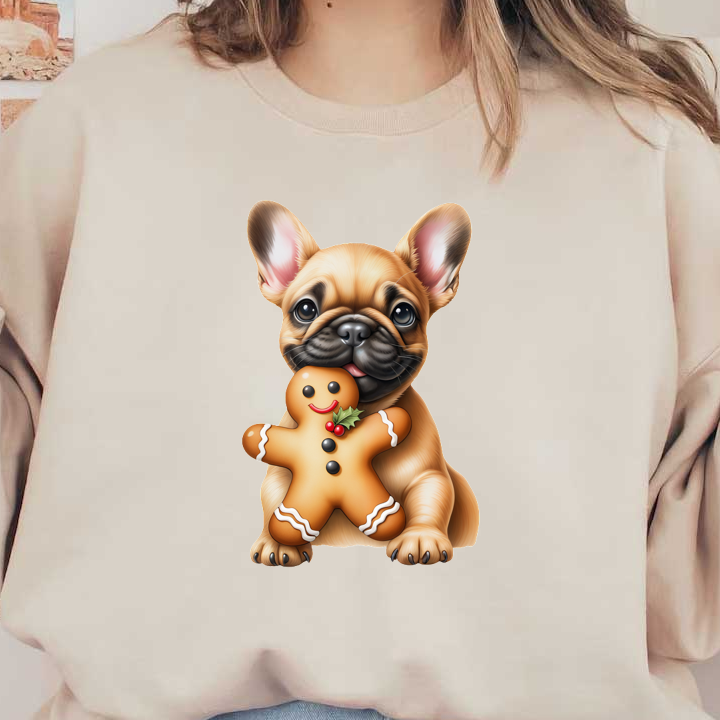 A cute French Bulldog holds a cheerful gingerbread man cookie, decorated with icing and festive accents. heat press transfers