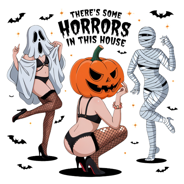 Una divertida ilustración de Halloween que presenta a tres niñas con divertidos disfraces: un fantasma, una cabeza de calabaza y una momia, todas con atuendos elegantes.