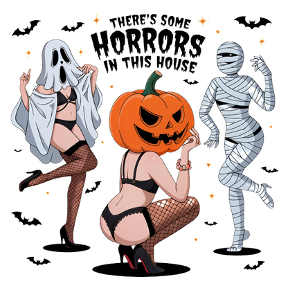 Una divertida ilustración de Halloween que presenta a tres niñas con divertidos disfraces: un fantasma, una cabeza de calabaza y una momia, todas con atuendos elegantes.