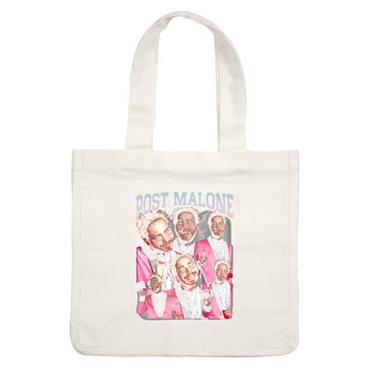 Colorful collage of Post Malone, featuring him in a pink suit, smiling and celebrating in various playful poses.DTF Transfers heat press transfers