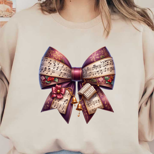 A festive, decorative bow featuring music sheets, vibrant colors, and charming accents like bells and holly for a joyful touch. heat press transfers