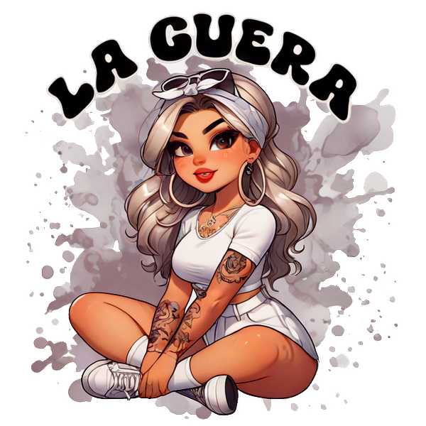 Una elegante chica de dibujos animados con cabello largo y ondulado, vestida con un traje blanco y tatuajes, acompañada del texto "LA GUERRA".