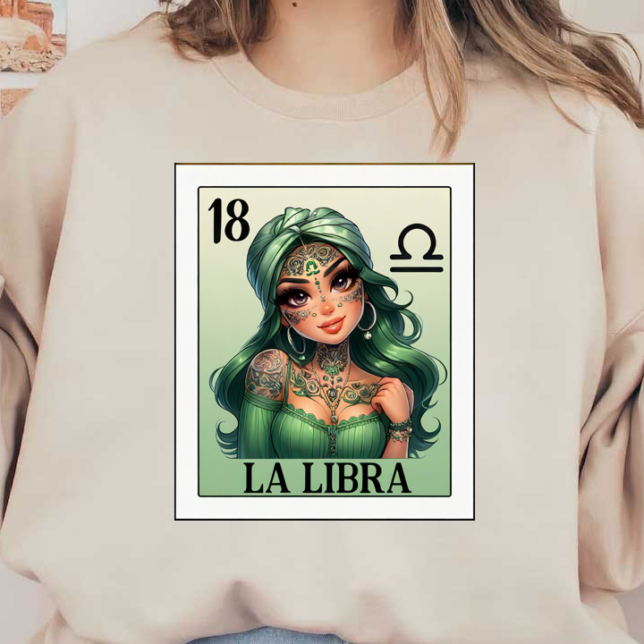 Una ilustración vibrante de una mujer con cabello verde y tatuajes intrincados, que representa el signo zodiacal Libra en una tarjeta.