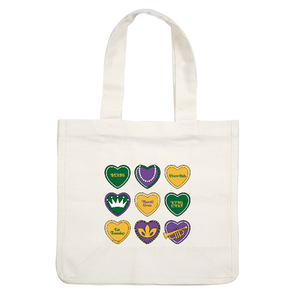 A vibrant collection of heart-shaped stickers featuring Mardi Gras themes, including "Beads," "Crawfish," "Mardi Gras," and "King Cake."DTF Transfers