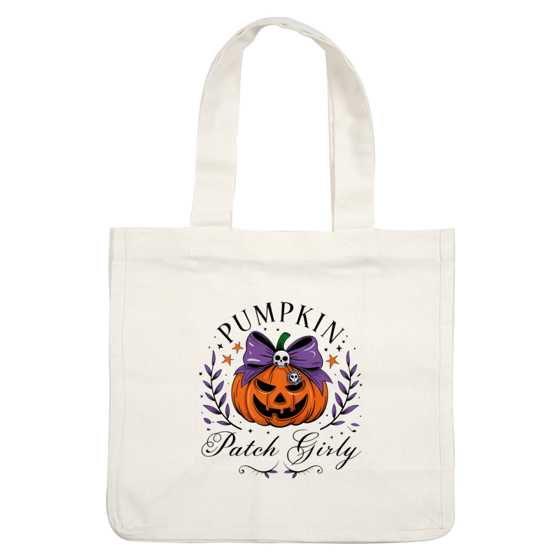 A vibrant Halloween design featuring a smiling pumpkin adorned with a purple bow and skull, perfect for festive vibes!dtf regular iron