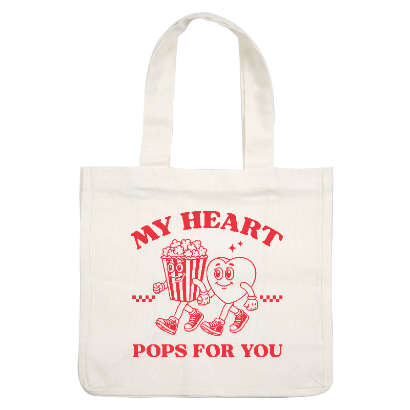 A cheerful illustration featuring a popcorn bucket and a heart character, both sporting sneakers and holding hands, with playful text.DTF Transfers