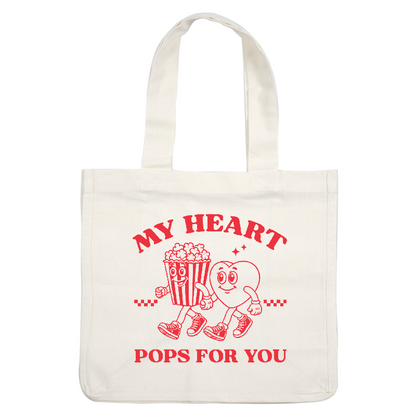 A cheerful illustration featuring a popcorn bucket and a heart character, both sporting sneakers and holding hands, with playful text.DTF Transfers