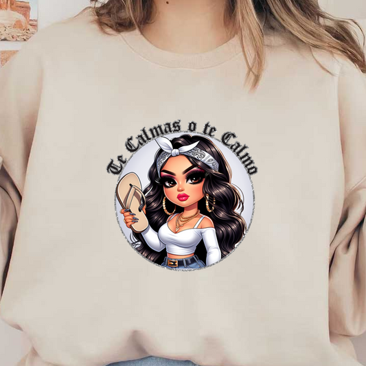 A stylish animated character wearing a white top and denim shorts, holding a sandal, with a bandana and bold accessories. dtf prints