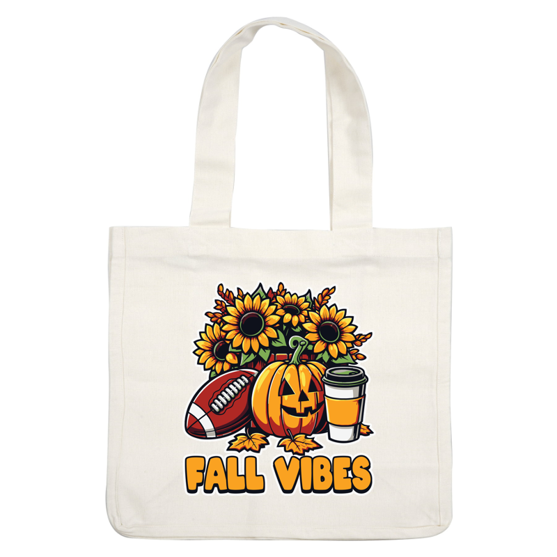 Celebrate fall with a vibrant design featuring sunflowers, a smiling pumpkin, a football, and a cozy cup of coffee! dtf transfers