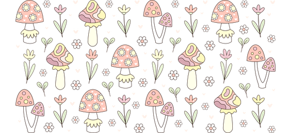 A whimsical pattern featuring colorful mushrooms and delicate flowers on a black background.UV Transfers