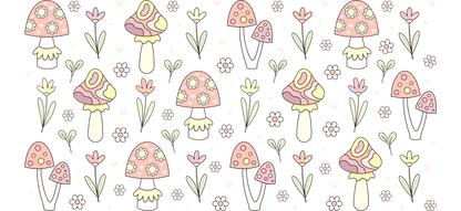 A whimsical pattern featuring colorful mushrooms and delicate flowers on a black background.UV Transfers