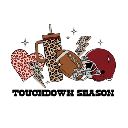 A fun collage featuring a football, helmet, leopard-print cup, and heart, perfect for sports enthusiasts with a stylish twist. heat press transfers