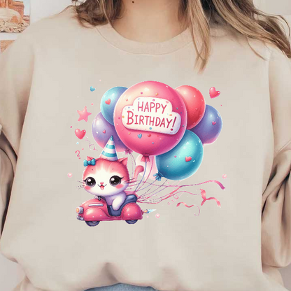 A cute kitten wearing a party hat joyfully rides a toy car, holding colorful balloons that say "Happy Birthday!"DTF Transfers