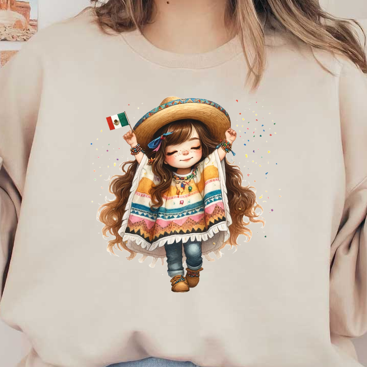 Una alegre niña con un poncho vibrante y un sombrero de ala ancha sostiene con alegría una bandera mexicana, celebrando su cultura.