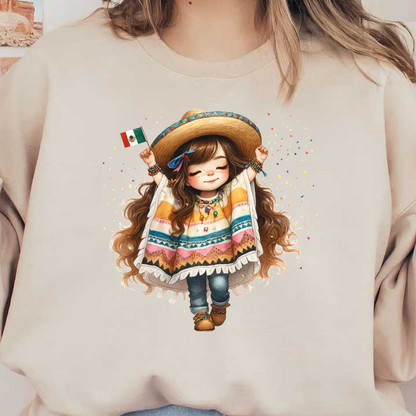 Una alegre niña con un poncho vibrante y un sombrero de ala ancha sostiene con alegría una bandera mexicana, celebrando su cultura.