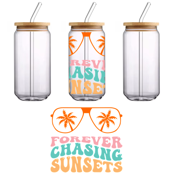 A fun and vibrant graphic featuring the phrase "Forever Chasing Sunsets" with colorful sunglasses and palm trees, perfect for beach lovers!UV Transfers dtf prints