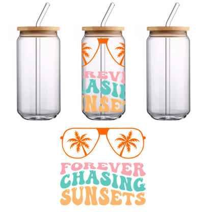 A fun and vibrant graphic featuring the phrase "Forever Chasing Sunsets" with colorful sunglasses and palm trees, perfect for beach lovers!UV Transfers dtf prints