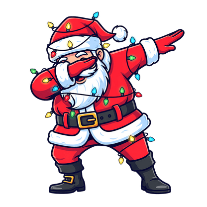Jolly Santa dabbing in a festive outfit adorned with colorful Christmas lights!DTF Transfers