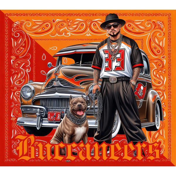 Esta vibrante obra de arte presenta una figura segura de sí misma con el equipo de los Buccaneers, junto a un elegante automóvil antiguo y un amigable pitbull.