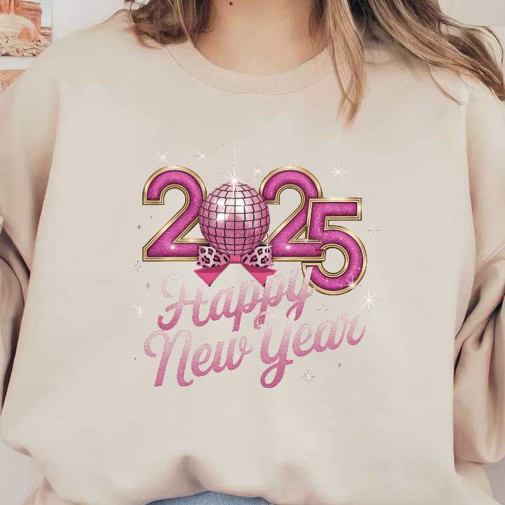 Celebrate 2025 with this glamorous "Happy New Year" design featuring a sparkling disco ball and festive pink accents!DTF Transfers