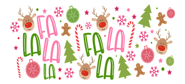 A colorful holiday-themed illustration featuring festive elements like reindeer, Christmas trees, candy canes, and cheerful "Fa La La" text.UV Transfers dtf transfers