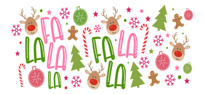 A colorful holiday-themed illustration featuring festive elements like reindeer, Christmas trees, candy canes, and cheerful "Fa La La" text.UV Transfers dtf transfers