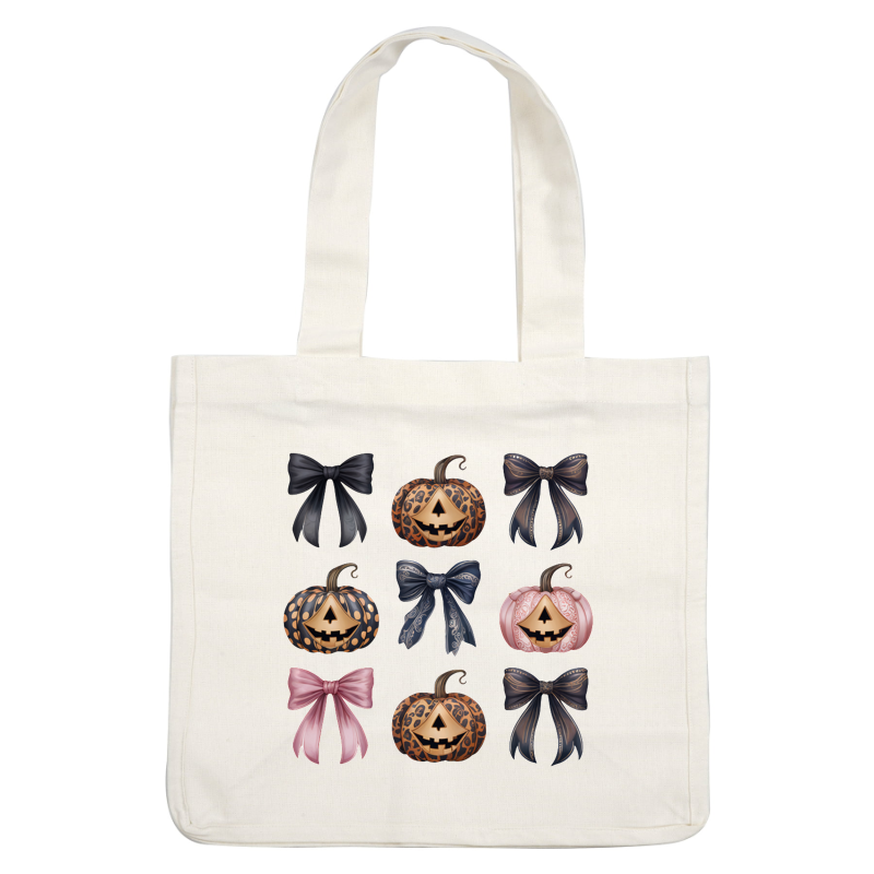 Una divertida colección de calabazas y lazos con temática de Halloween, con diseños únicos como estampado de leopardo y colores elegantes.