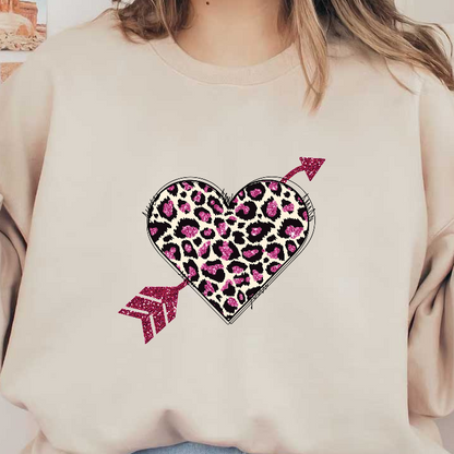 A playful, leopard print heart design adorned with sparkling pink accents and an arrow, blending style and fun seamlessly.DTF Transfers