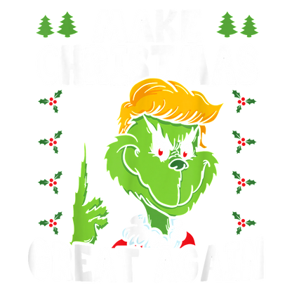 A playful illustration featuring the Grinch with a quirky hairstyle, promoting the message to "Make Christmas Great Again" amid festive decorations.DTF Transfers heat press transfersdtf regular iron