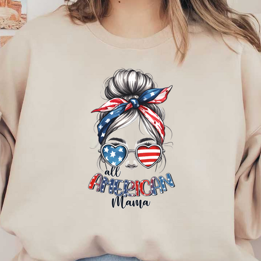 A stylish graphic featuring a woman with a patriotic hairstyle, sunglasses, and the text "All American Mama" in vibrant colors.dtf regular iron