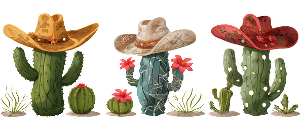 Three playful cacti adorned with colorful sombreros, surrounded by vibrant flowers, showcasing a festive and cheerful western vibe.UV Transfers