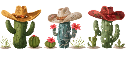 Three playful cacti adorned with colorful sombreros, surrounded by vibrant flowers, showcasing a festive and cheerful western vibe.UV Transfers