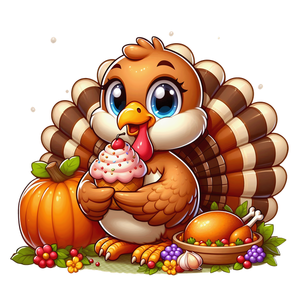 A cheerful cartoon turkey holds a cupcake, surrounded by a pumpkin, fruits, and a festive platter, celebrating Thanksgiving.dtf regular iron