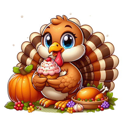 A cheerful cartoon turkey holds a cupcake, surrounded by a pumpkin, fruits, and a festive platter, celebrating Thanksgiving.dtf regular iron